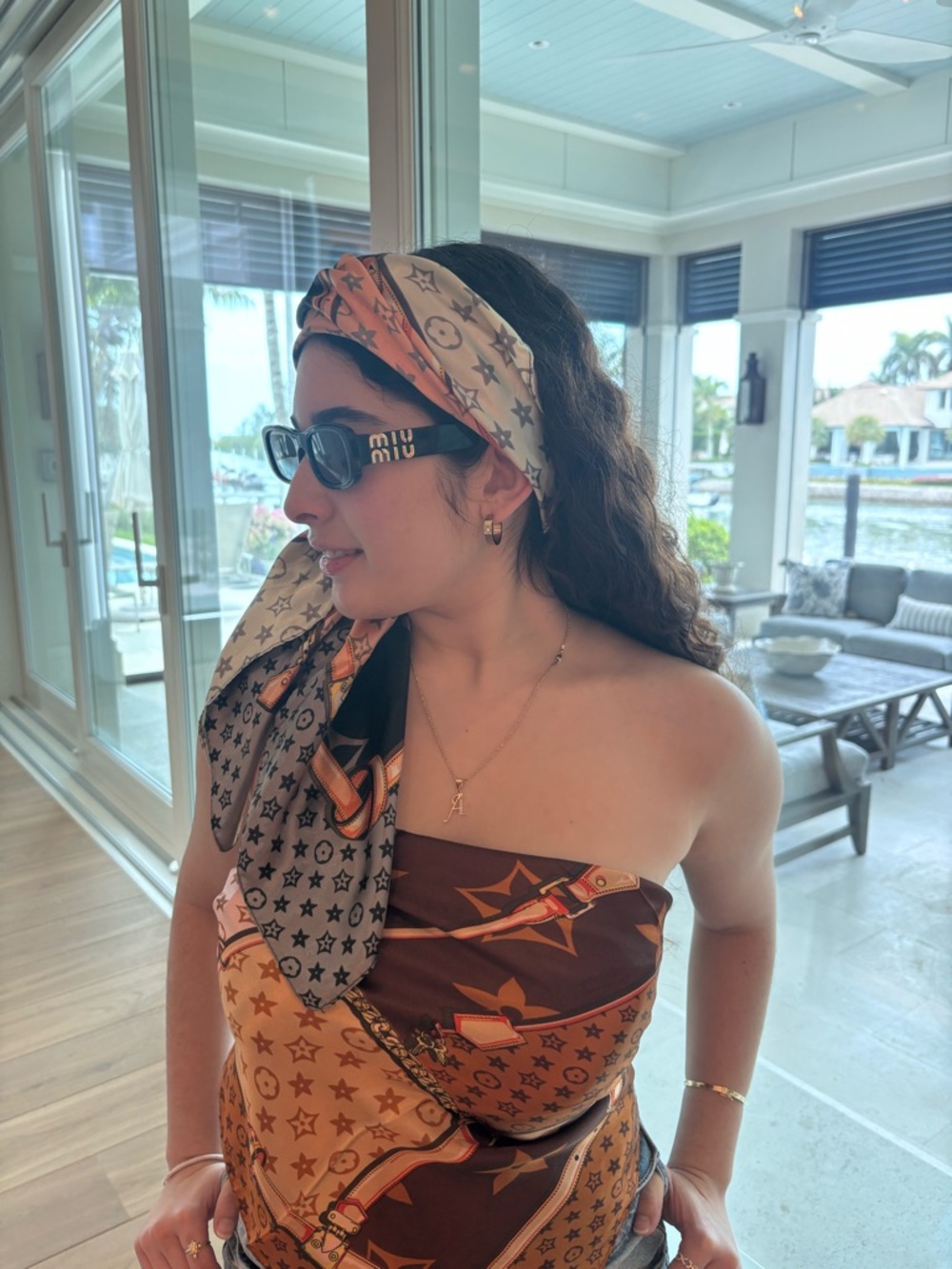 Silk Star-Print Tie-Back Bandana Top in Beige & Orange,black - Picture 4 of 12